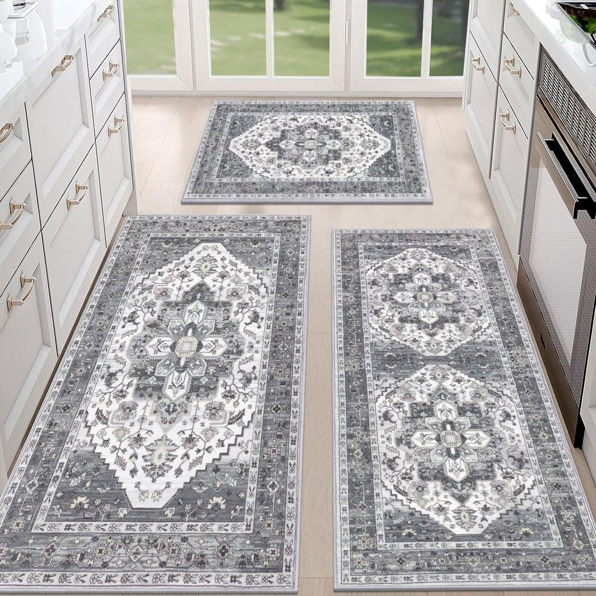 HEBE Boho Non-Slip Washable Kitchen Rugs, 3-Piece Set