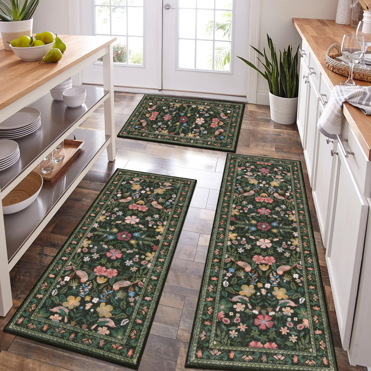 HEBE Boho Non-Slip Washable Kitchen Rugs, 3-Piece Set