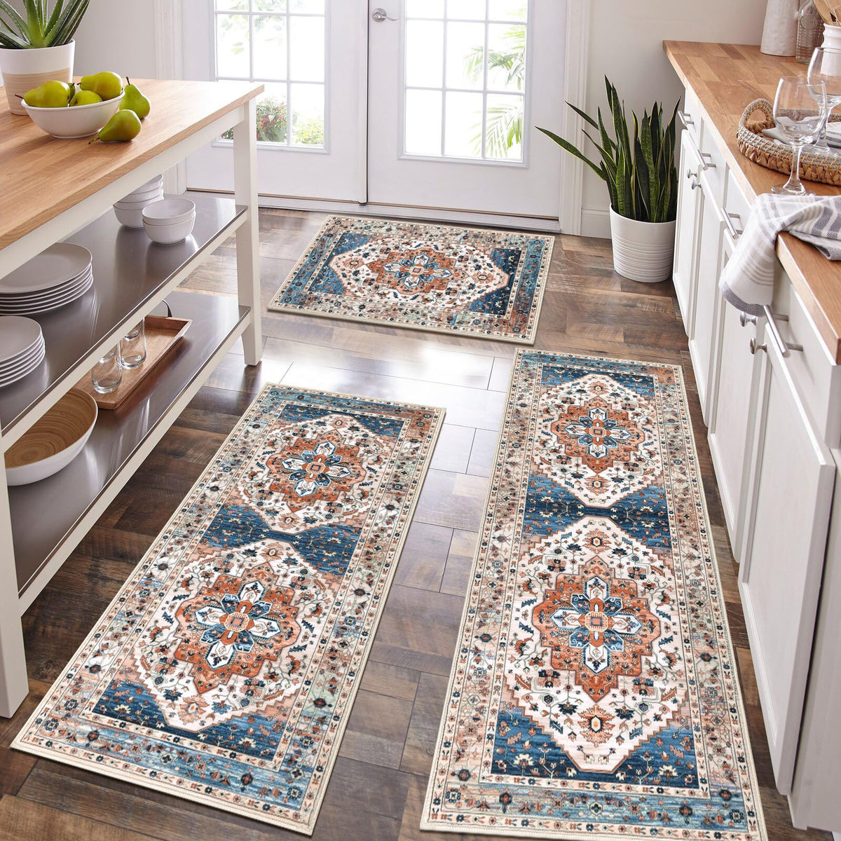 HEBE Boho Non-Slip Washable Kitchen Rugs, 3-Piece Set