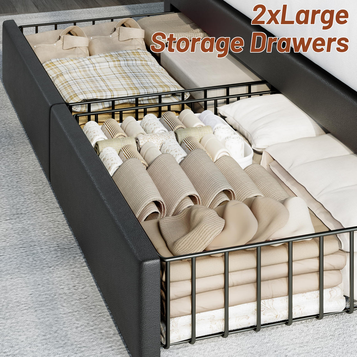 CypBed Bed Frame with 2 Tier Storage Headboard, Upholstered King Bed Frame with 4-Storage Drawers, 3 USB & Type-C Charging Ports, Solid Wood Slats, No Box Spring Needed, Noise-Free,