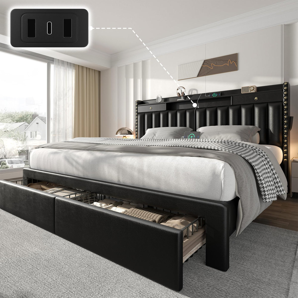 CypBed Bed Frame with 2 Tier Storage Headboard, Upholstered King Bed Frame with 4-Storage Drawers, 3 USB & Type-C Charging Ports, Solid Wood Slats, No Box Spring Needed, Noise-Free,