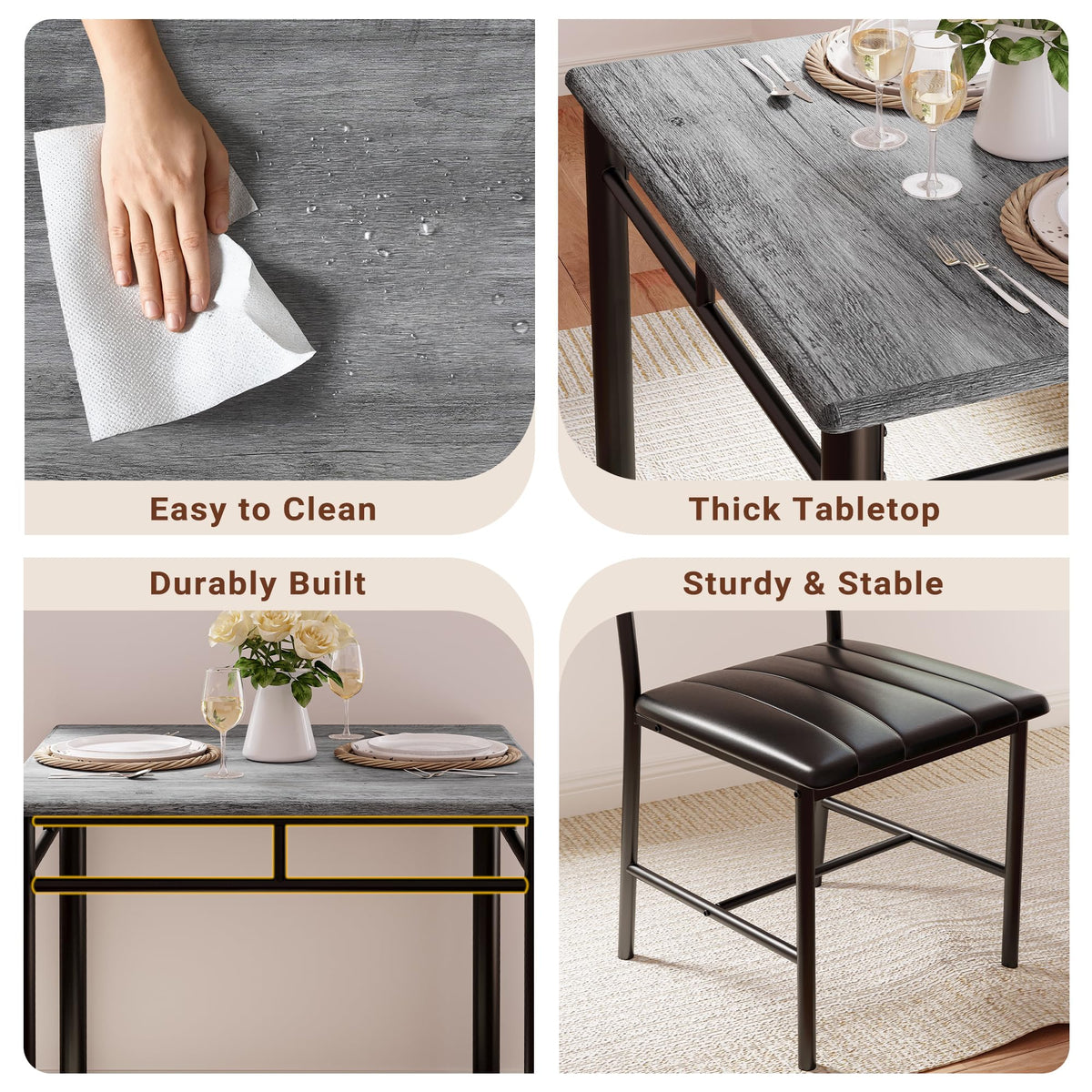 IRONCK Dining Table Set for 2, Small Kitchen Table with Upholstered Chairs Dinning Table Set for Kitchen & Dining Room, Compact Dining Set for Small Spaces